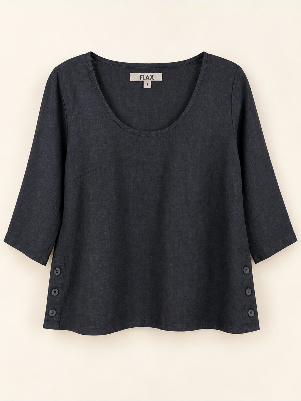 FLAX 100% Linen  Relaxed Scoop-Neck Linen Top in Black-Side Button Accents